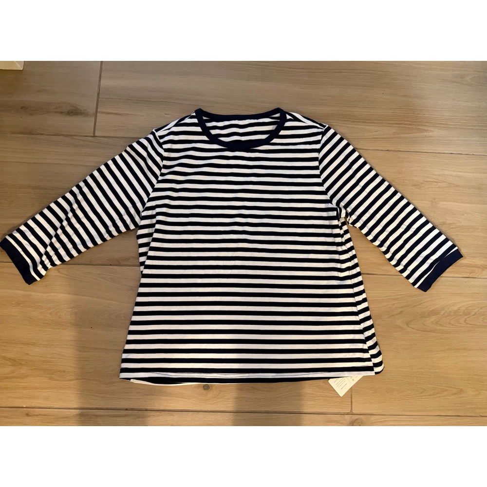NEW 3/4 Length Sleeve Cotton Top Striped Boat Neck Shirt L